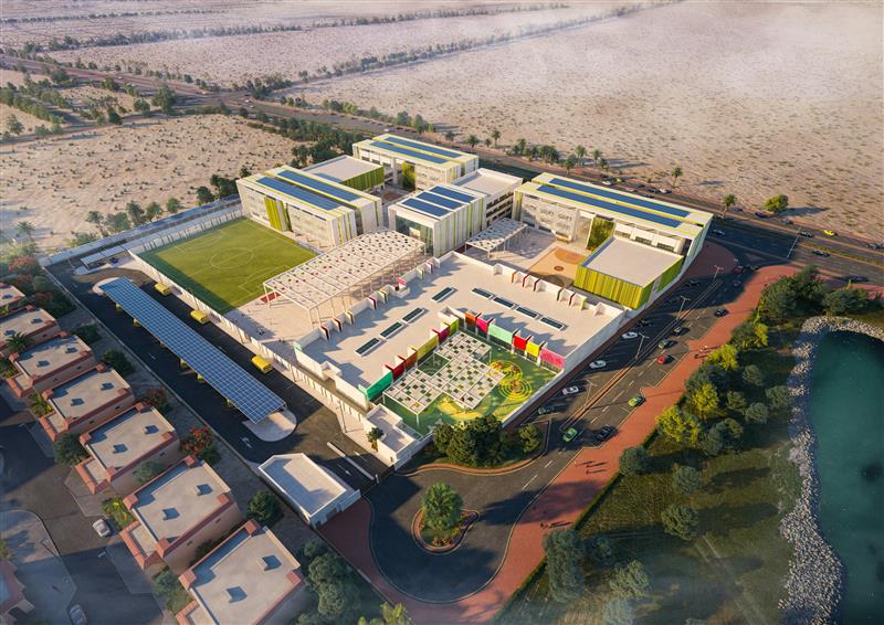 Aerial view of Meydan School with courtyards, sports facilities and surrounding roads.