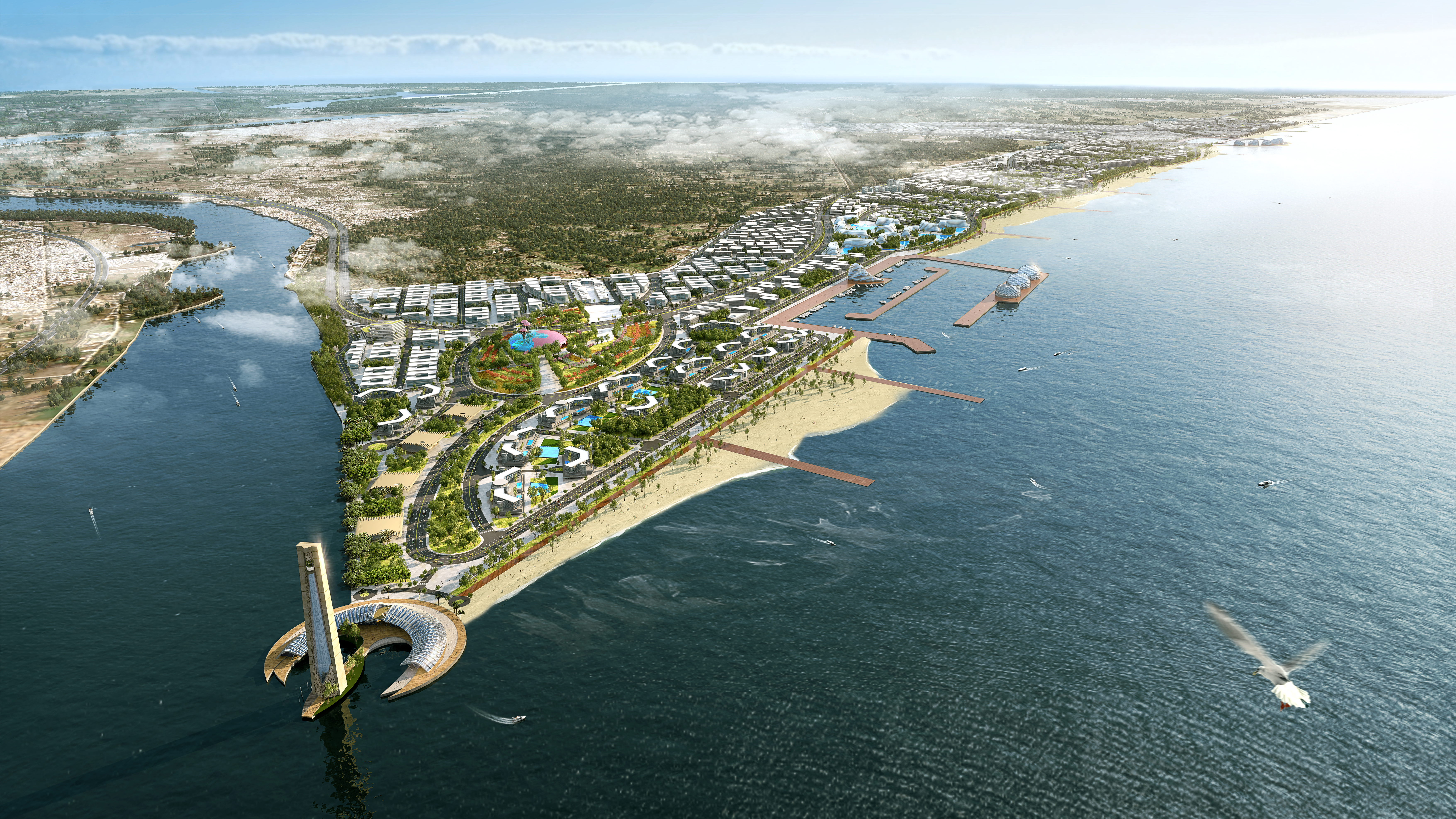 Bird’s-eye view of the planned New Rosetta City featuring residential districts, green spaces, a marina and a landmark tower between the river and the sea.