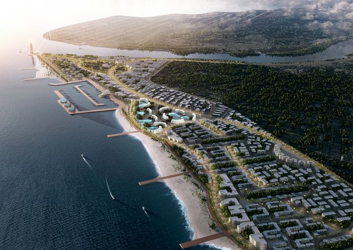 Bird’s-eye view of New Rosetta City’s coastal districts with a marina, beachfront promenade, green residential areas and curved buildings set around water features.