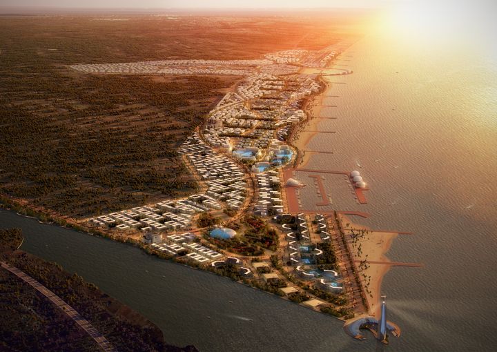 Bird’s-eye view of New Rosetta City illuminated at sunset, featuring coastal districts, a marina, beaches, green spaces and the adjoining riverfront.