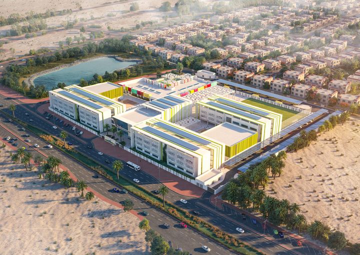 Elevated view of Meydan School and the surrounding residential neighbourhood